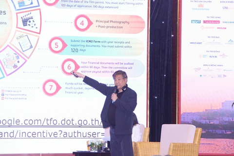 Hãy làm phim cho khán giả trong nước nhưng có thể chiếu toàn cầu- Ảnh 3. Ông Sirisak Koshpharashin chia sẻ về hợp tác sản xuất phim ở Thái Lan - Ảnh: ANH VŨ