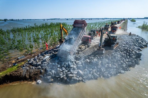 Đê hồ Động Đình vỡ lớn, ông Tập phải chỉ đạo dù đang công du- Ảnh 2. Lực lượng cứu hộ đang nỗ lực đắp đê bị vỡ ở hồ Động Đình ngày 6-7 - Ảnh: TÂN HOA XÃ