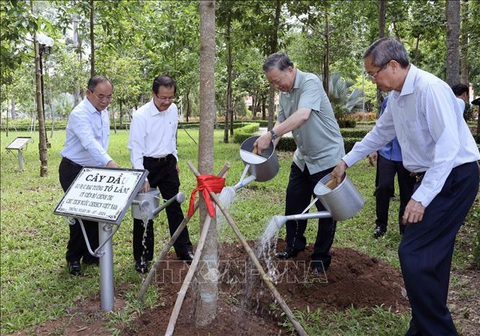 Chủ tịch nước Tô Lâm trồng cây trong khu lưu niệm Chủ tịch Tôn Đức Thắng ở An Giang ngày 6-7-2024 - Ảnh: TTXVN Chủ tịch nước Tô Lâm trồng cây trong khu lưu niệm Chủ tịch Tôn Đức Thắng ở An Giang - Ảnh: TTXVN