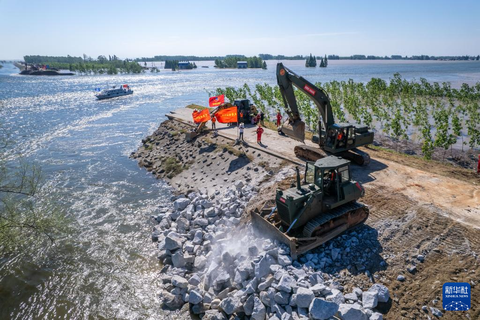 Vỡ đê hồ Động Đình ở Trung Quốc: Đoạn vỡ dài gấp đôi sau 1 đêm- Ảnh 2. Gia cố và bịt kín đoạn đê bị vỡ - Ảnh: THX