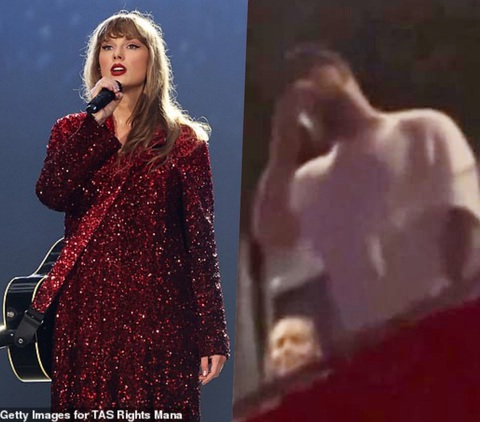 Lý do bạn trai khóc khi xem Taylor Swift trình diễn- Ảnh 1. Taylor Swift hát say sưa trên sân khấu trong khi bạn trai Travis Kelce liên tục quệt nước mắt