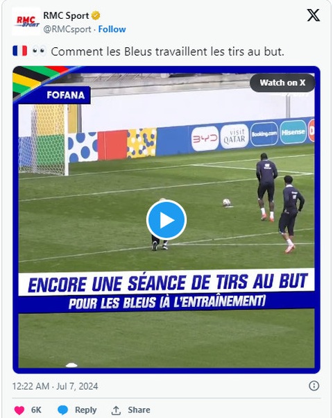 Tuyển Pháp phẫn nộ vì bị công khai video tập đá luân lưu trước trận bán kết Euro 2024- Ảnh 1. Đài truyền hình RMC Sport đăng tải video lên mạng xã hội X - Ảnh chụp màn hình