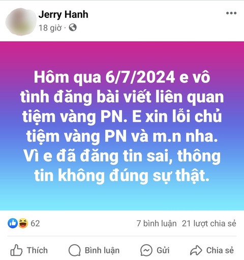 Làm việc với người đăng thông tin sai sự thật về tiệm vàng giả- Ảnh 2. Thông tin đính chính, xin lỗi trên Facebook “Jerry Hanh” - Ảnh: Nguyễn Nhân