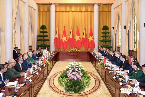 Chủ tịch nước Tô Lâm chủ trì lễ đón và hội đàm với Tổng thống Timor-Leste- Ảnh 4. Toàn cảnh cuộc hội đàm sau lễ đón - Ảnh: NAM TRẦN