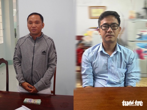 Bắt quả tang cán bộ thuộc sở tài nguyên và môi trường nhận hối lộ- Ảnh 1. Bị can Ngô Ngọc Quyền (trái) và bị can Nguyễn Quốc Huy tại Cơ quan điều tra Công an tỉnh Kiên Giang - Ảnh: HOÀNG ĐÔ
