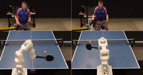 Google công bố robot chơi bóng bàn nghiệp dư- Ảnh 2. Robot ABB đang chơi bóng bàn với người - Ảnh cắt từ clip