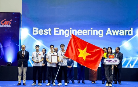 Việt Nam đăng cai tổ chức Robocon châu Á - Thái Bình Dương 2024- Ảnh 1. Đại diện Việt Nam, DCN-ĐT02, Đại học Công nghiệp Hà Nội xếp hạng ba và đoạt giải kỹ thuật tốt nhất cuộc thi ABU Robocon 2023 - Ảnh: Trường đại học Công nghiệp Hà Nội
