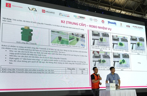 Vinamilk đồng hành với 1.500 tài năng trẻ trong cuộc thi Robotacon WRO 2024- Ảnh 2. Ban giám khảo công bố một số nhiệm vụ bất ngờ dành cho robot thực hiện, mô phỏng hoạt động tại nhà máy, trang trại Vinamilk - Ảnh: V.N