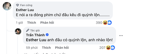 Trấn Thành khoe 'chiến tích', kết luận 'đóng phim rất sung sướng'- Ảnh 2. Màn tương tác hài hước của vợ chồng Trấn Thành - Hari Won dưới bài đăng.