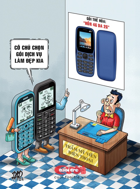 Tắt sóng 2G, điện thoại cục gạch đi làm đẹp- Ảnh 1. Điện thoại cục gạch đi thẩm mỹ viện - Tranh biếm họa của DAD