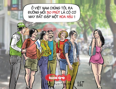 Ra đường đụng hoa hậu- Ảnh 1. Ra đường đụng hoa hậu - Tranh biếm họa của Đỗ Minh Tuấn