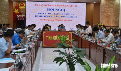 Kiên Giang có 44 bản án hành chính phải thi hành nhưng tắc, nhiều nhất là về đất Phú Quốc- Ảnh 1. Ông Lâm Minh Thành - chủ tịch UBND tỉnh Kiên Giang - chủ trì hội nghị sơ kết thi hành án hành chính với các sở, ngành và các địa phương - Ảnh: BỬU ĐẤU