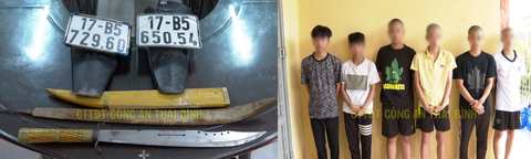Khởi tố nhóm thanh thiếu niên chém biển số xe để 'khoe' trên TikTok- Ảnh 1. Các đối tượng và tang vật của vụ án - Ảnh: Công an tỉnh Thái Bình