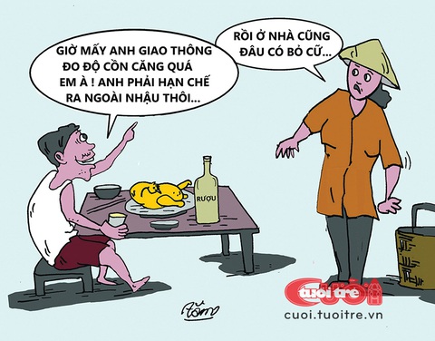 Những cách né đo nồng độ cồn đi vào lòng đất- Ảnh 2. Bợm nhậu hạn chế nhậu... ở ngoài - Tranh: Bùi Thanh Tâm