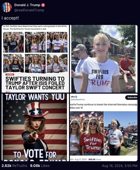 Ông Trump đăng ảnh giả do AI tạo, khẳng định Taylor Swift kêu gọi cử tri bỏ phiếu cho ông - Ảnh 1.