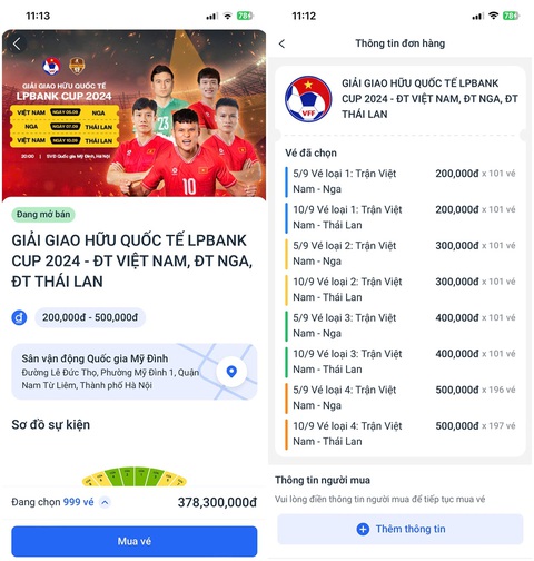 Có thể mua một lúc đến 999 vé xem tuyển Việt Nam đấu với Nga và Thái Lan- Ảnh 3. Có thể mua một lúc đến 999 vé xem tuyển Việt Nam đấu với Nga và Thái Lan- Ảnh 3.