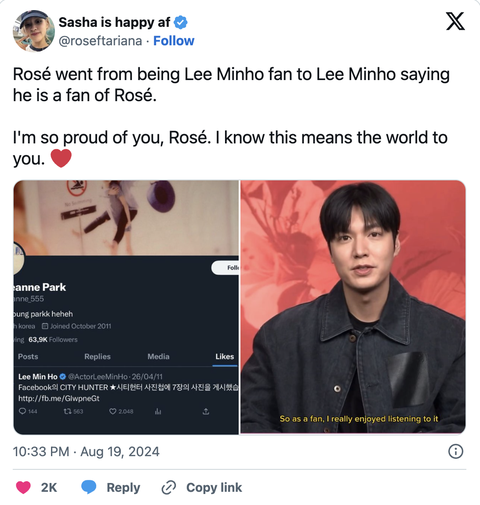Lee Min Ho bất ngờ ‘khen nấy khen để' Rose, nữ thần tượng có động thái gây sốt - Ảnh 2. Lee Min Ho bất ngờ ‘khen lấy khen để' Rosé, nữ thần tượng có động thái gây sốt - Ảnh 2.