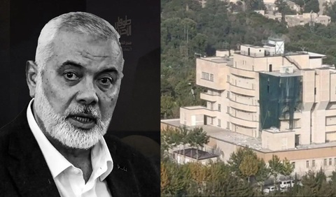 NÓNG: Iran công bố vũ khí ám sát thủ lĩnh Hamas, không phải bom cài trong phòng- Ảnh 1. Thủ lĩnh chính trị Hamas Ismail Haniyeh và tòa nhà được cho là nơi ông Haniyeh ở khi đến Tehran và bị ám sát - Ảnh: SAMAA.TV/TELEGRAM