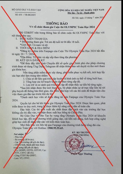 Giả mạo Bộ Giáo dục và Đào tạo tổ chức thi Olympic toán học 2024- Ảnh 1. Bộ Giáo dục và Đào tạo khẳng định đây là văn bản giả mạo
