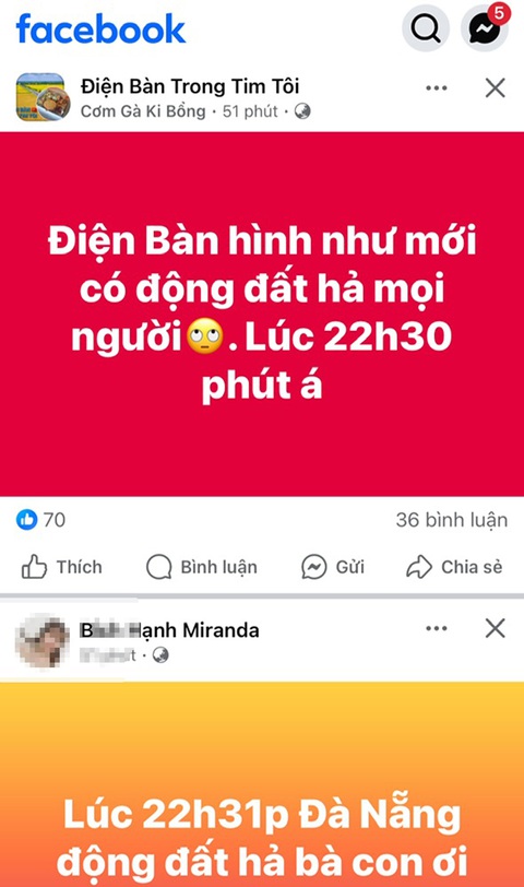 5 trận động đất ở Kon Tum ngày 8-8, có trận 4,2 độ khiến Quảng Nam, Đà Nẵng 'rung rinh'- Ảnh 3. Nhiều người ở Quảng Nam, Đà Nẵng viết trên Facebook cảm nhận được động đất lúc 22h30 đêm 8-8 có độ lớn 4,2 - Ảnh: LÊ TRUNG