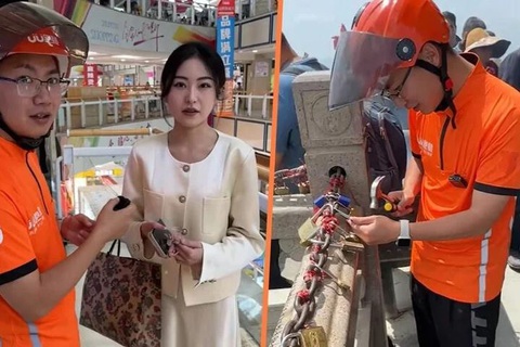 Cô gái thuê shipper lên núi phá ổ khóa tình yêu với bạn trai cũ- Ảnh 1. Anh shipper trao đổi với cô Vương trước khi thực hiện