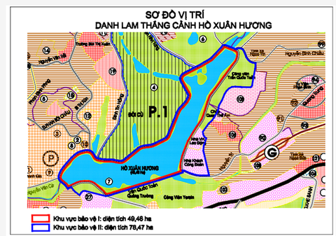 Lâm Đồng xác định 5 vi phạm nghiêm trọng của tòa nhà trong Đồi Cù Đà Lạt- Ảnh 2. Sơ đồ khoanh vùng các khu vực bảo vệ của danh thắng hồ Xuân Hương, trong đó khu vực bảo vệ 2 có diện tích hơn 78,5ha - Ảnh: Tư liệu