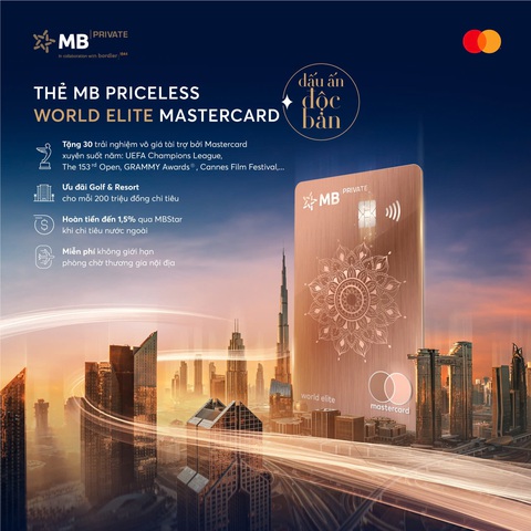 MB và Mastercard ra mắt thẻ tín dụng MB Priceless World Elite Mastercard- Ảnh 1. Thẻ MB Priceless World Elite Mastercard là thẻ Priceless đầu tiên được phát hành tại khu vực Đông Nam Á, cho phép chủ thẻ truy cập vào nền tảng Priceless của Mastercard - Ảnh: Mastercard