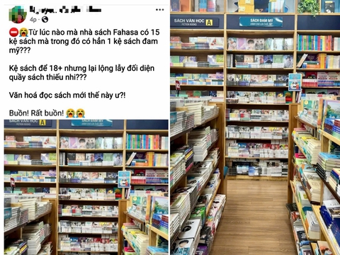 Bị phản ứng việc trưng bày sách đam mỹ cạnh quầy sách thiếu nhi, đại diện Fahasa nói gì? - Ảnh 1. Kệ sách đam mỹ đối diện khu vực sách thiếu nhi, Fahasa Thủ Đức bị phản ứng - Ảnh 1.