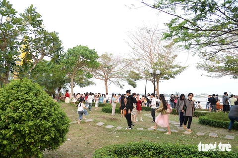 Người dân thích thú với hàng hoa kèn hồng bên dòng sông Tiền - Ảnh 7.