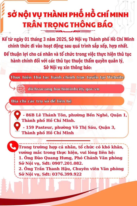 Sở Nội vụ TP.HCM thông tin về đầu mối giải quyết thủ tục hành chính sau hợp nhất - Ảnh 1.