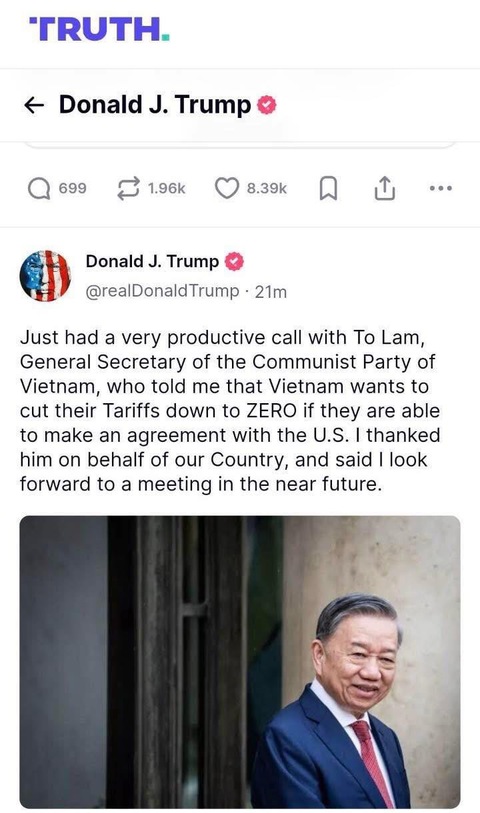 Tổng Bí thư Tô Lâm điện đàm với Tổng thống Trump, sẵn sàng đưa mức thuế bằng 0 với hàng Mỹ - Ảnh 2.