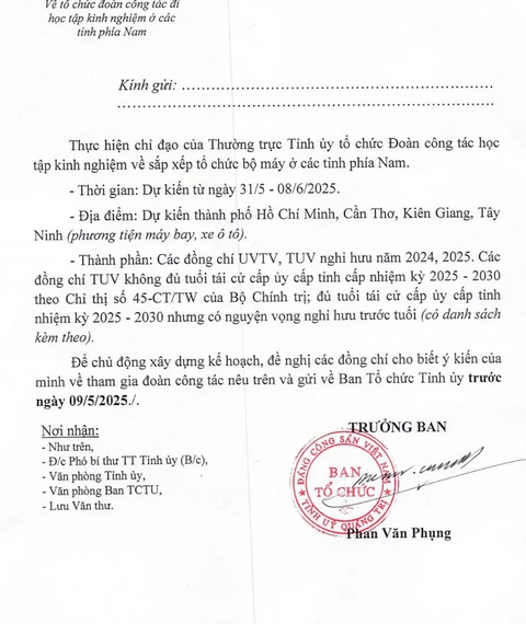 Ban Tổ chức Tỉnh ủy Quảng Trị nói về việc đưa đoàn cán bộ sắp nghỉ hưu đi học tập kinh nghiệm - Ảnh 1.