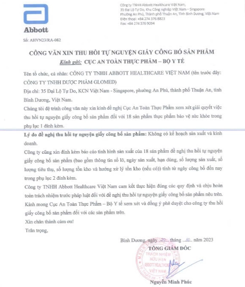 Lý do Abbott Healthcare Việt Nam chủ động thu hồi công bố sản phẩm - Ảnh 1. Lý do Abbott Healthcare Việt Nam chủ động thu hồi công bố sản phẩm - Ảnh 1.