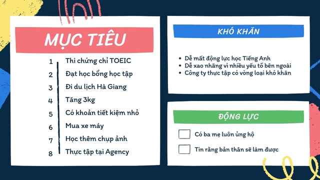 Mỹ Tuyến thiết kế bảng mục tiêu cho mình để có động lực thực hiện - Ảnh: Mỹ Tuyến