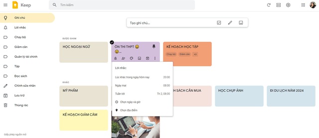 Đừng quên tận dụng tính năng lời nhắc của Google Keep - Ảnh: CHỤP MÀN HÌNH