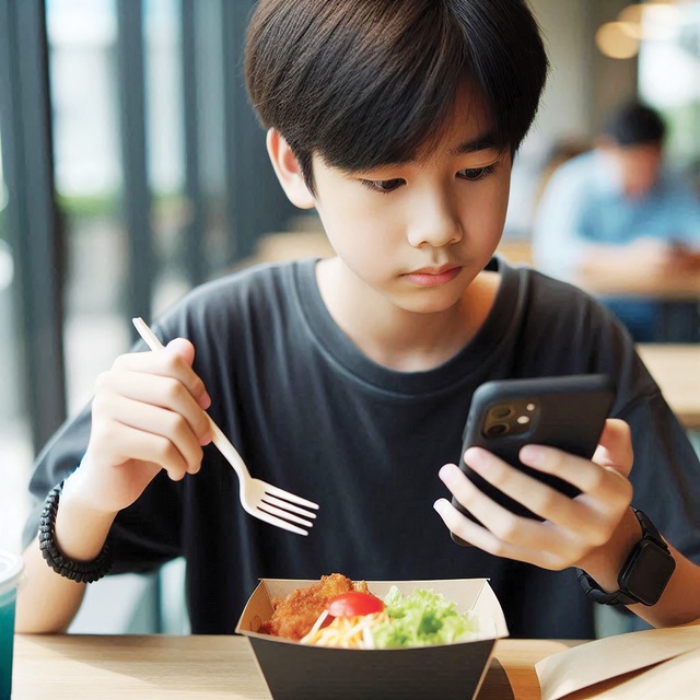 Thói quen vừa ăn vừa xem điện thoại sẽ ảnh hưởng đến sức khỏe đấy! - Tranh minh họa được thực hiện bằng AI