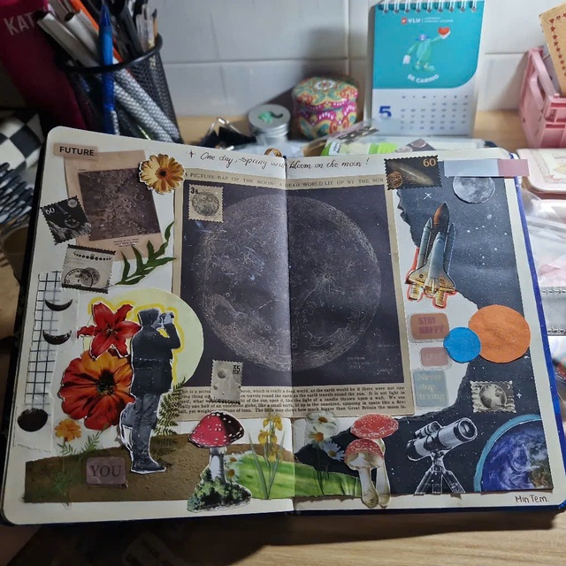 Cô bạn 2k7 biến hoa khô, báo cũ và xác côn trùng thành nhật ký tranh xé dán  - Ảnh 2.