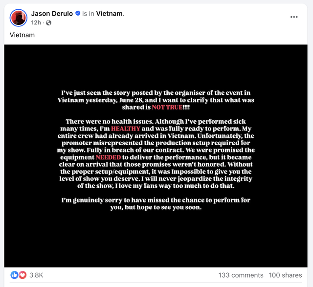 US pop star Jason Derulo denies health reasons after Vietnam show cancellation, blames organizers - Ảnh 1. US pop star Jason Derulo denies health reasons after Vietnam show cancellation, blames organizers - Ảnh 1.