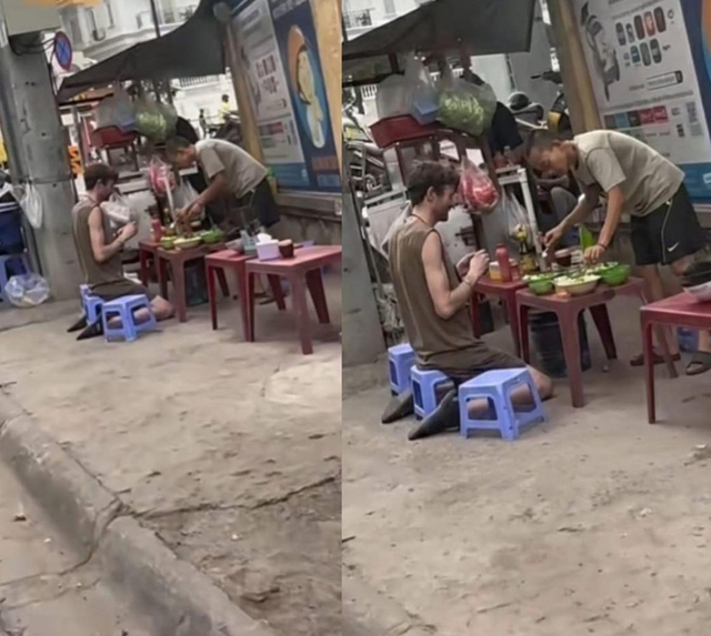 Too tall for plastic stool: Foreign diner’s awkward street food moment goes viral in Vietnam- Ảnh 1.