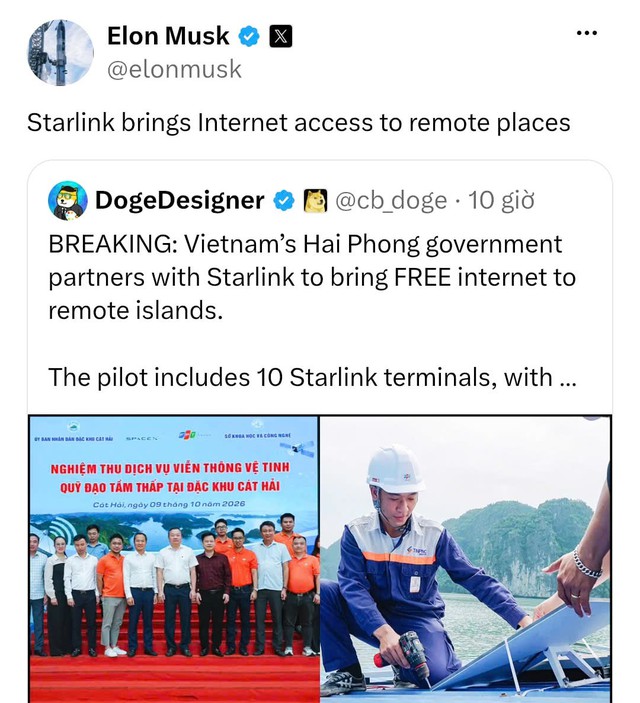 Elon Musk posts on X about satellite internet coming to northern Vietnam's remote islands - Ảnh 1.