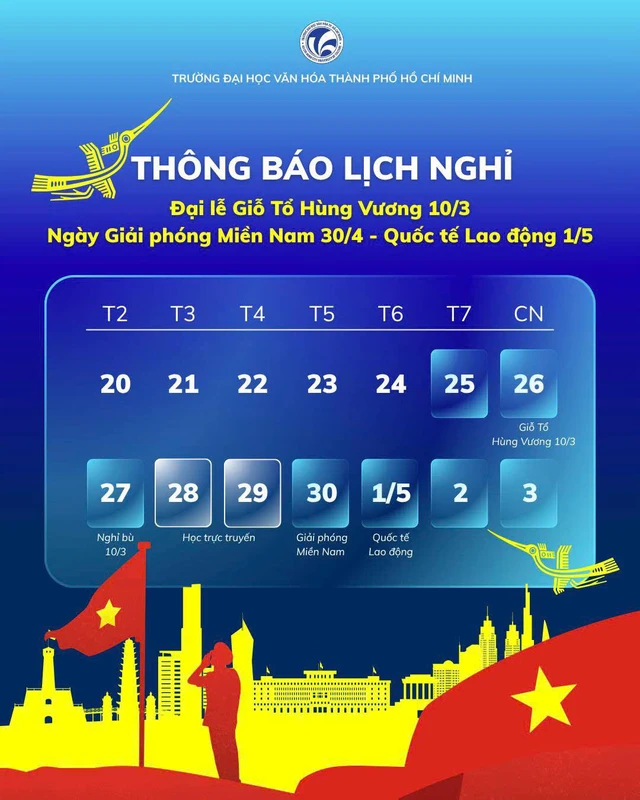 Lịch nghỉ lễ Giỗ Tổ Hùng Vương và 30-4, 1-5 của sinh viên TP.HCM- Ảnh 1.