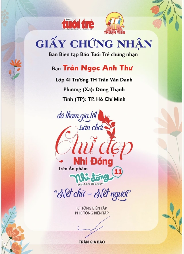 Giấy chứng nhận sân chơi Chữ đẹp Nhi Đồng số 9, 10, 11 và 12 - Ảnh 1.