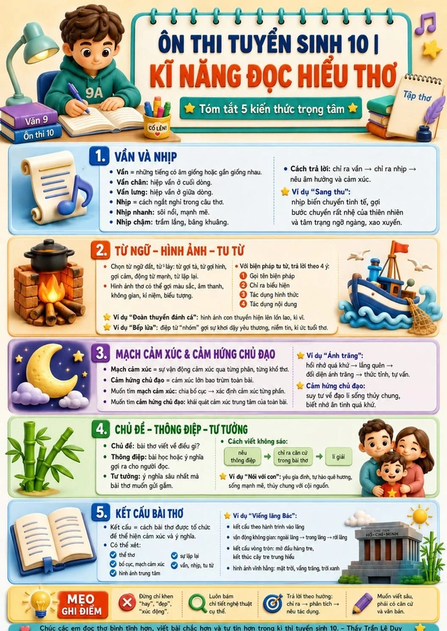 Ôn thi tuyển sinh lớp 10 môn ngữ văn: 5 kiến thức trọng tâm cần nhớ khi đọc hiểu thơ - Ảnh 1.