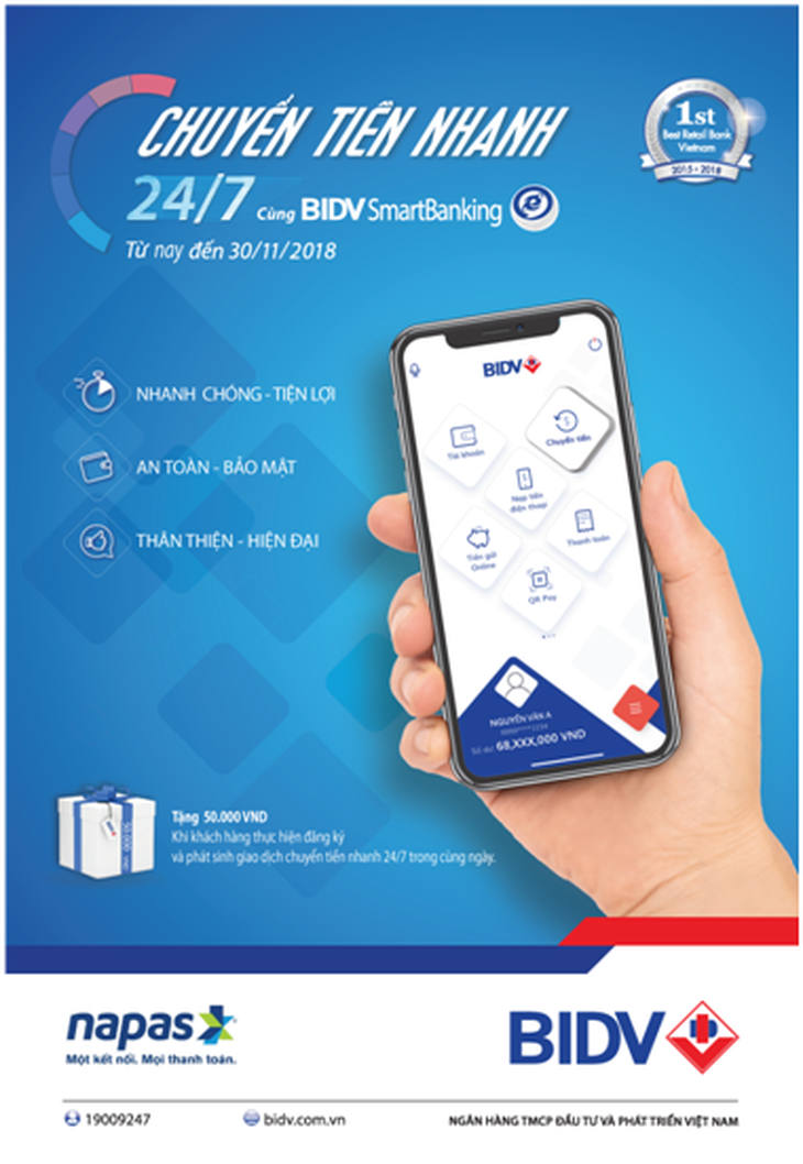 Chuyển tiền nhanh 24/7 cùng BIDV SmartBanking có nhiều ưu đãi - Ảnh 1.