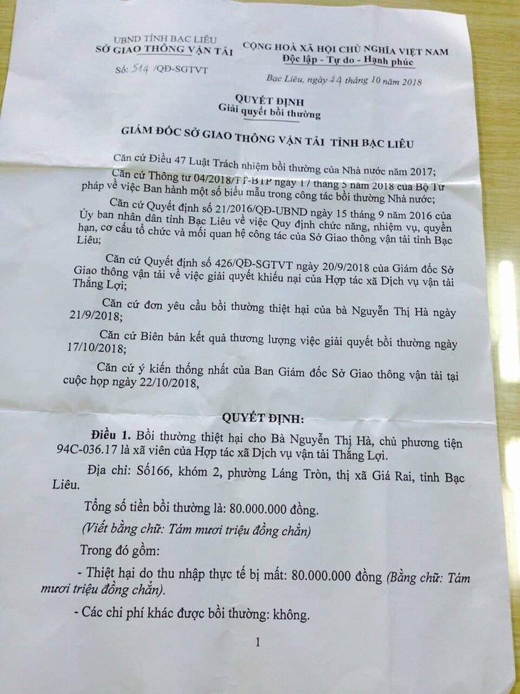 Làm sai, Sở Giao thông vận tải Bạc Liêu bồi thường chủ xe 80 triệu - Ảnh 1.