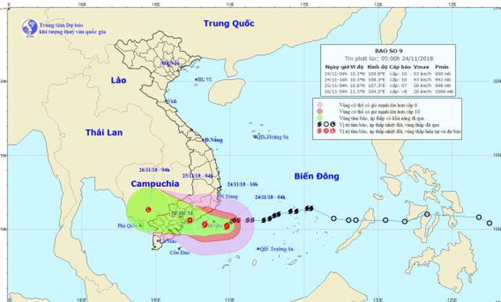 Bão số 9 có xu hướng dịch chuyển xuống phía Nam