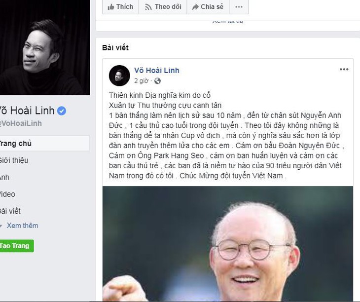 Facebook các nghệ sĩ nổi tiếng rộn ràng với Việt Nam vô địch - Ảnh 1. Facebook các nghệ sĩ nổi tiếng rộn ràng với Việt Nam vô địch - Ảnh 1.