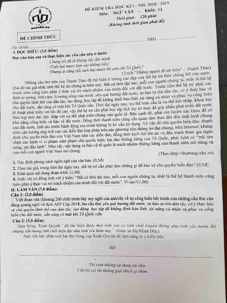 AFF Cup 2018 vô đề thi văn lớp 12 - Ảnh 1.