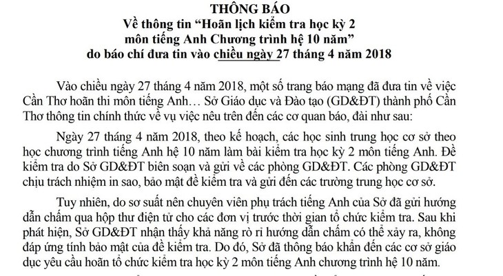 Sở Giáo dục Cần Thơ giải thích lý do hoãn thi tiếng Anh  - Ảnh 1.