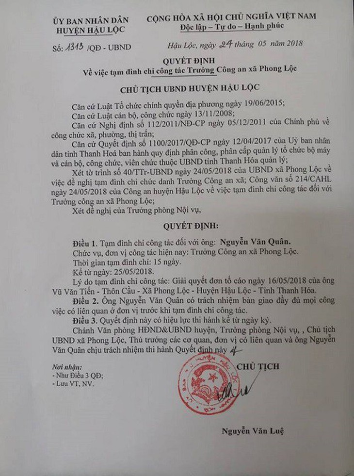 Tạm đình chỉ trưởng công an vào nhà nghỉ với vợ người khác - Ảnh 1.